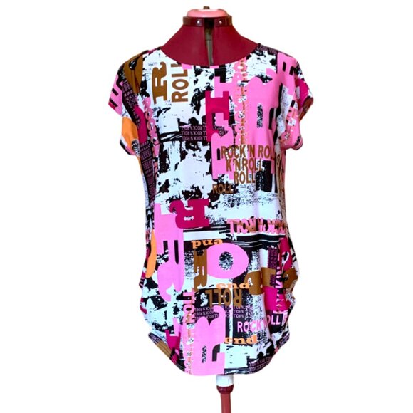 LOBO / Pink B&W - Graphic Print Women's Top Tunic short sleeves/ Large - Picture 1 of 12